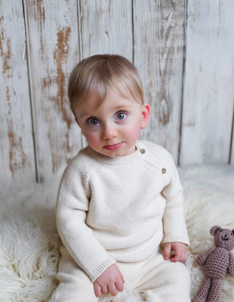 Toddler in a light knitted outfit sitting on a soft surface with a teddy bear nearby.